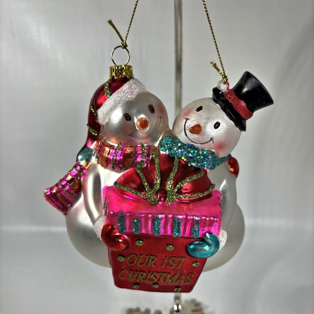 Large Blown Glass Snowman Ornament Our First Christmas Gift Holiday Glitter